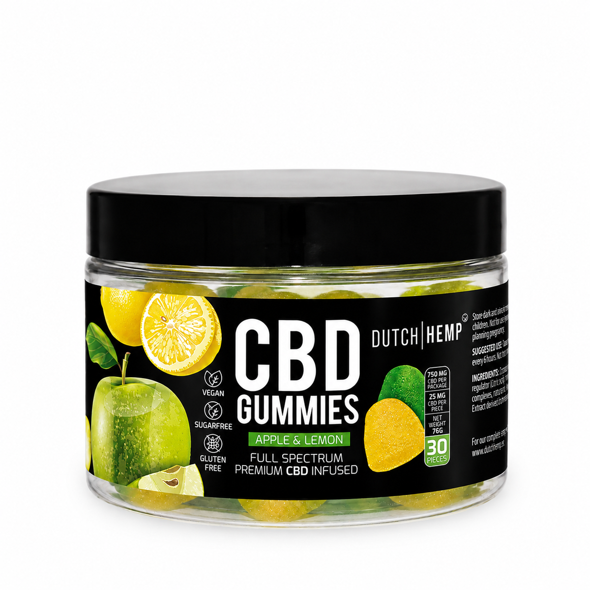 Dutch Hemp CBD gummies appel en citroen, pot met 30 gummies